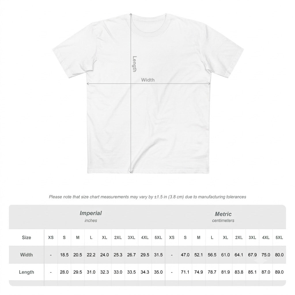 Beige t-shirt with measurement markings on a white background, featuring a size chart below.